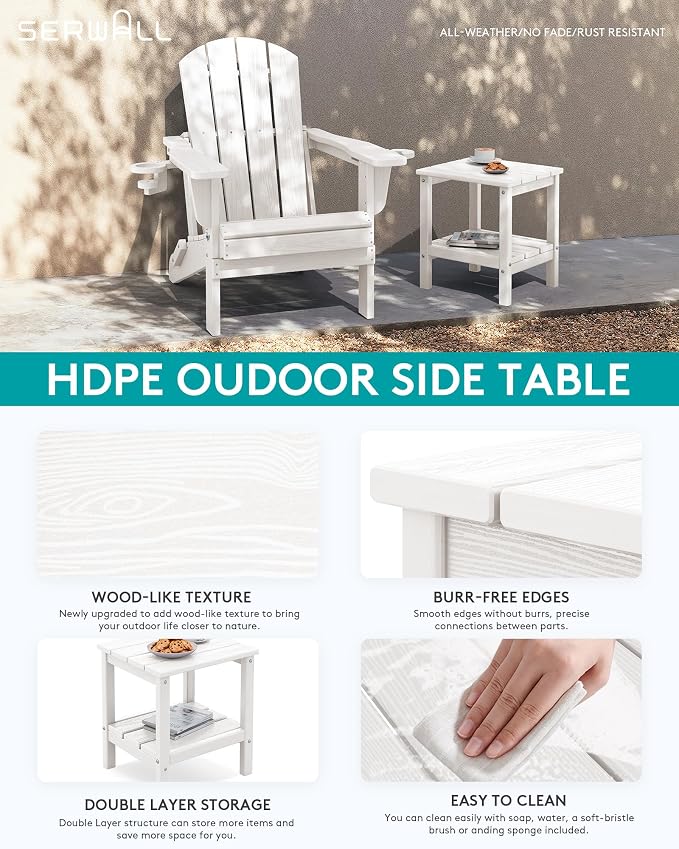 SERWALL 2-Tier HDPE Outdoor Side Table with Umbrella Hole, Weatherproof Rectangular Adirondack Side Table, White