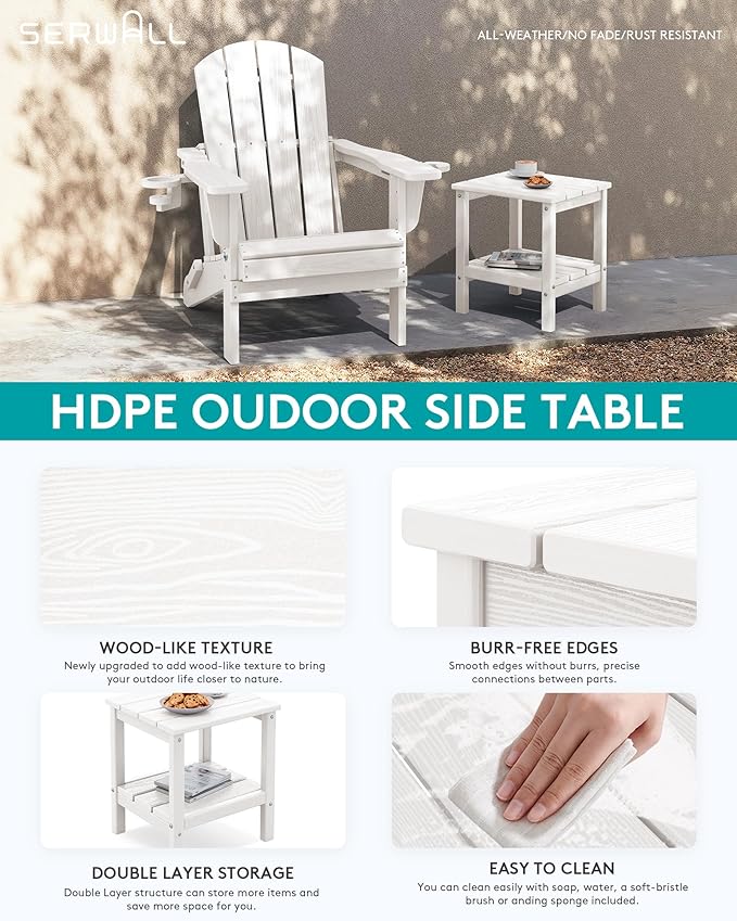 SERWALL 2-Tier HDPE Outdoor Side Table, Weatherproof Rectangular Adirondack Side Table, White