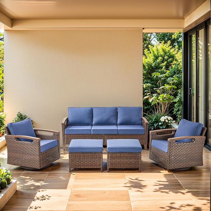 Luxury 5 Piece Heavy Duty Patio Furniture Set with Swivel Chairs - All Weather Wicker Comfort Thick Cushion Outdoor Conversation Set with 3 Seat Sofa & Ottoman for Porch Poolside Deck - Blue