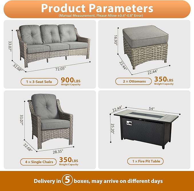 Outdoor Patio Furniture Sets, 8 PCS Patio Conversation Set Outside Rattan Sofa with 54 in Fire Pit Table Comfy Cushions Fit Backyard Porch Garden Poolside Balcony,Dark Grey