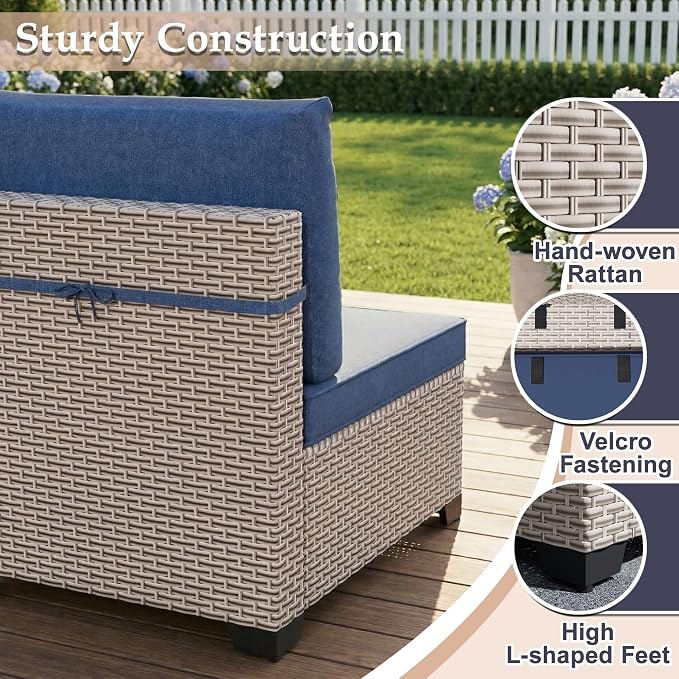 Patio Furniture Set, 15-Piece Outdoor Sectional Sofa with 60,000 BTU Fire Pit Table & 2-Layer Glass Coffee Table, Wicker Patio Conversation Set with Blue Cushions