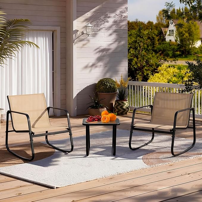 DUMOS 3 Piece Patio Rocking Furniture Set，Outdoor Patio Furniture Conversation Set with Table, Patio Sectional Bistro Sets for Lawn, Garden, Balcony, Poolside (Brown)
