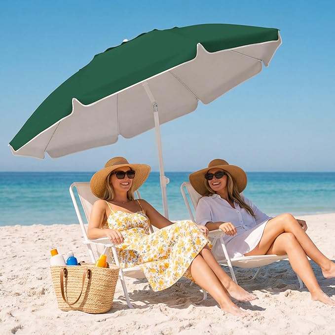 JEAREY 6.5ft Sun Shade Umbrellas, Portable Umbrella with Stand, Lightweight Sun Protection Free Standing Sport Umbrella for Outdoor Sports, Camping, Fishing, Patio, Beach, Dark Green