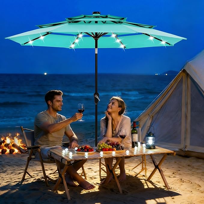 9FT 3-Tier Patio Umbrella with Solar LED Lights, Outdoor Table Umbrella with Tilt & Crank, Ventilated Large Market Umbrella with 8 Ribs, UV Protection for Deck, Pool, Garden