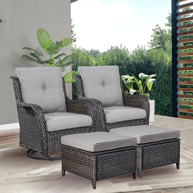 Rilyson Wicker Patio Furniture Set - 4 Piece Rattan Outdoor Patio Conversation Sets with 2 Swivel Rocking Chairs,2 Ottomans for Porch Deck Garden(Brown/Grey)