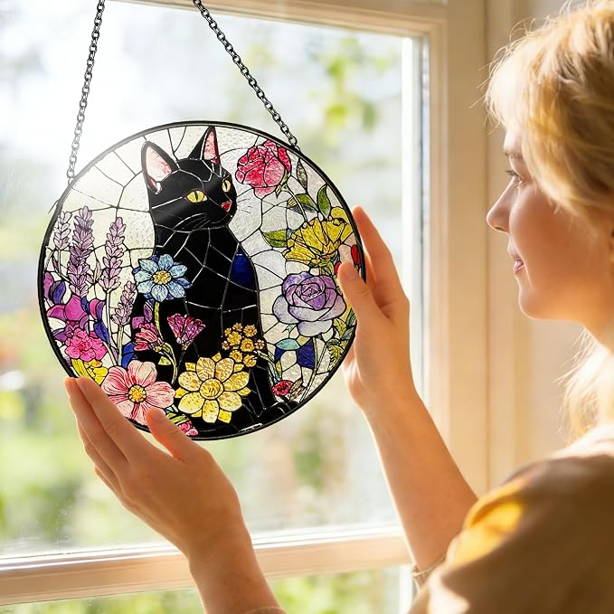 Cat Stained Glass Suncatcher Window, Hanging Sun Catchers Indoor Window, Suncatcher for Mom/Women (Black Cat & Flower)
