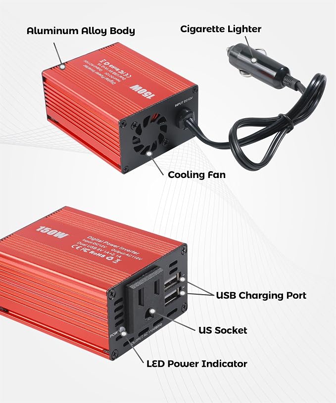 Power Inverters for Vehicles,Car Accessories,150W Car Power Inverters with 3.1A Dual USB,12V DC to 110V AC Converter Vehicle Adapter,Suitable for Most Cars,RVs,Trucks and More
