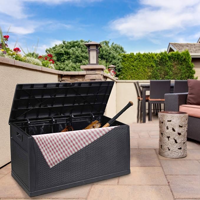 120 Gallon Large Deck Box, Outdoor Storage Box Waterproof Resin Indoor/Outdoor Storage Container and Seat for Patio Cushions (Black)…
