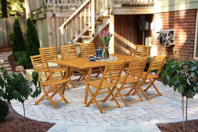East West Furniture DEBS9CWNA 9 Piece Outdoor Patio Dining Sets Includes a Rectangle Acacia Wood Table and 8 Folding Side Chairs, 40x72 Inch, Natural Oil