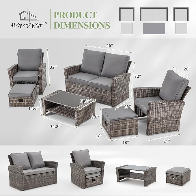 HOMREST 6 Piece Patio Conversation Set, Outdoor Sectional Conversation Rattan Sofa Set with Ottoman and Outdoor Storage Table for Garden, Porch, Backyard (Grey)