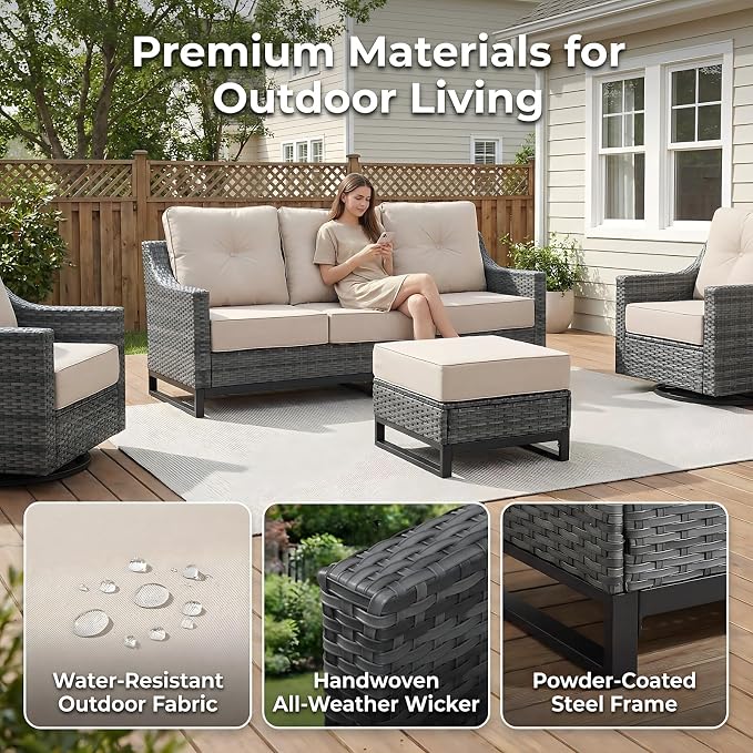 12-Piece Outdoor Patio Furniture Set, Grey Wicker Conversation Set with 2 Sofas, 4 Swivel Chairs, 4 Ottomans and 2 Side Tables, 6-Inch Beige Cushions for Deck, Backyard, Poolside