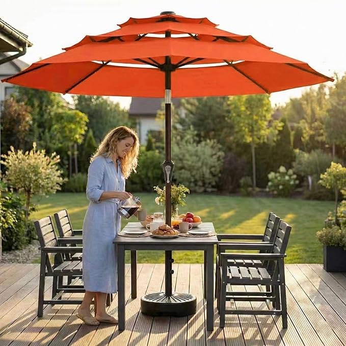 10ft 3-Tier Patio Umbrella with 32 Solar Powered LED Lights, Windproof Outdoor Market Umbrella for Deck, Poolside & Garden, Sturdy Push-Button Tilt Table Umbrella, Terracotta