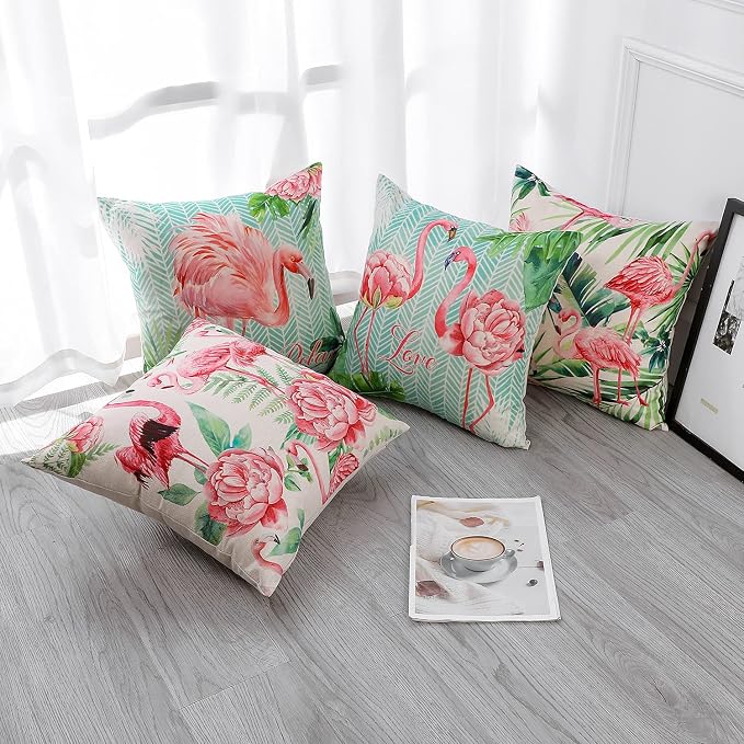 Artscope Set of 4 Waterproof Throw Pillow Covers 18x18 Inches, Flamingo and Pink Flowers Pattern Decorative Cushion Covers, Perfect to Outdoor Patio Garden Living Room Sofa Farmhouse Decor