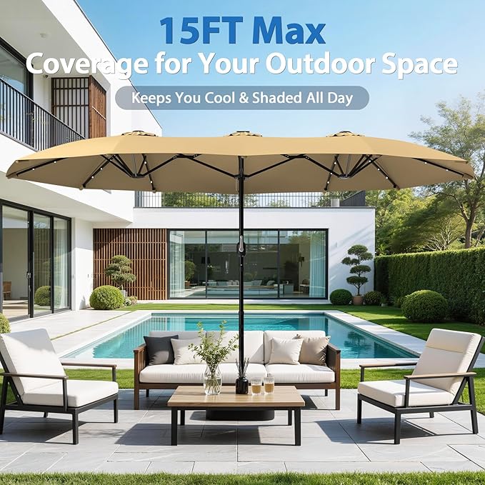 HOPERAN 15FT Patio Umbrella with Base Included, Large Outdoor Double-Sided Rectangle Table Umbrella with Easy Crank Lift, Market Umbrella for Backyard, Pool&Garden