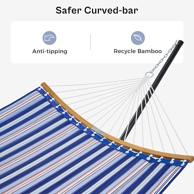 SUPERJARE Hammock with Stand, 2 Person Heavy Duty Hammock with Padded Cotton, Detachable Pillow & Strong Curved-Bar & Portable Carrying Bag, Perfect for Outdoor & Indoor, Navy Blue Stripe