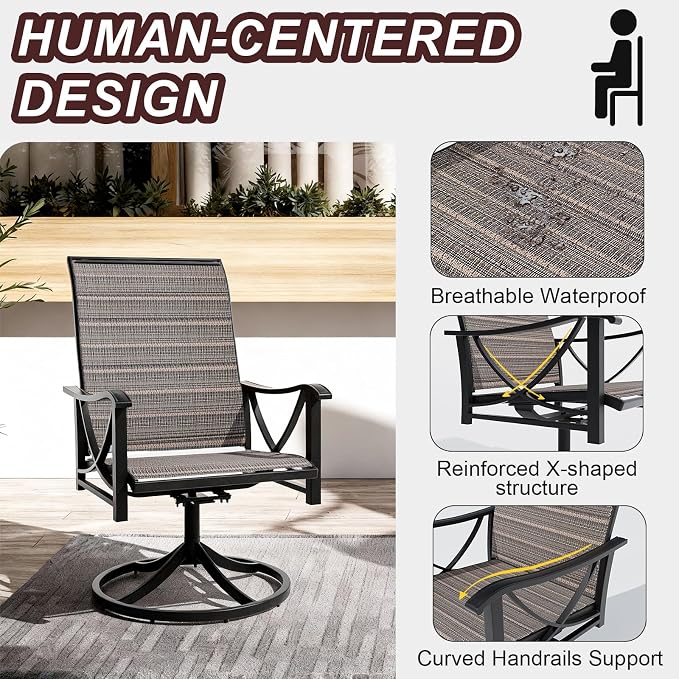Gotland Patio Swivel Chairs Set of 8, Outdoor Dining Chairs with Breathable Teslin Seat Cushion & Backrest, 360° Outdoor Swivel Chairs with Metal Frame, Patio Dining Chairs for Deck Garden Brown