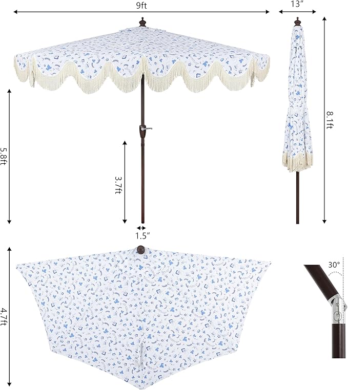 JONATHAN Y Beverly 9 ft. Coastal Blue and White Chinoiserie Half Patio Umbrella with Scalloped Fringe, Crank Lift, and Manual Tilt for Balcony, Dark Brown Pole UMB1201G