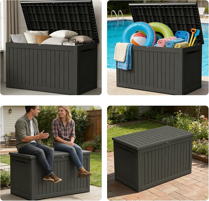 270 Gallon Outdoor Storage Box Resin Deck Box All Weather Waterproof Large Lockable Storage Container Deck Box for Patio Furniture, Garden Tools, Lockable, Black