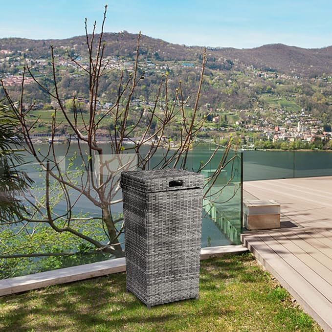Rattan Trash Can, Deck Storage Box,Rattan Pool Storage Box with Lid & Top Cover Iron Frame, Garden Deck Bin Storage Bench Deck Box for Garden, Backyard, Pool (Grey)