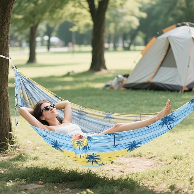 Camping Hammock Outdoor Hammocks for Outside Blue Stripe Palm Tree Beach Trees Portable Lightweight with Pockets Tree Straps Indoor