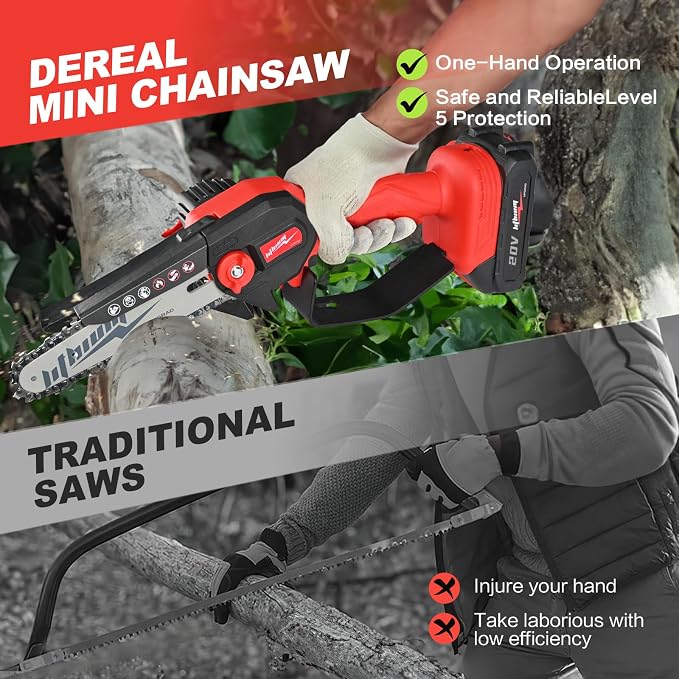 Mini cordless chainsaw, 6-inch portable electric chainsaw, small handheld battery powered chainsaw for wood cutting, tree trimming, and yard work