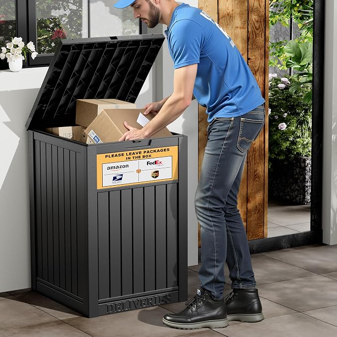 NUNU LAB Package Delivery Box for Outside, 48 Gallon Storage Deck Box with Lockable Secure, Waterproof Large Resin Drop Boxes for Porch