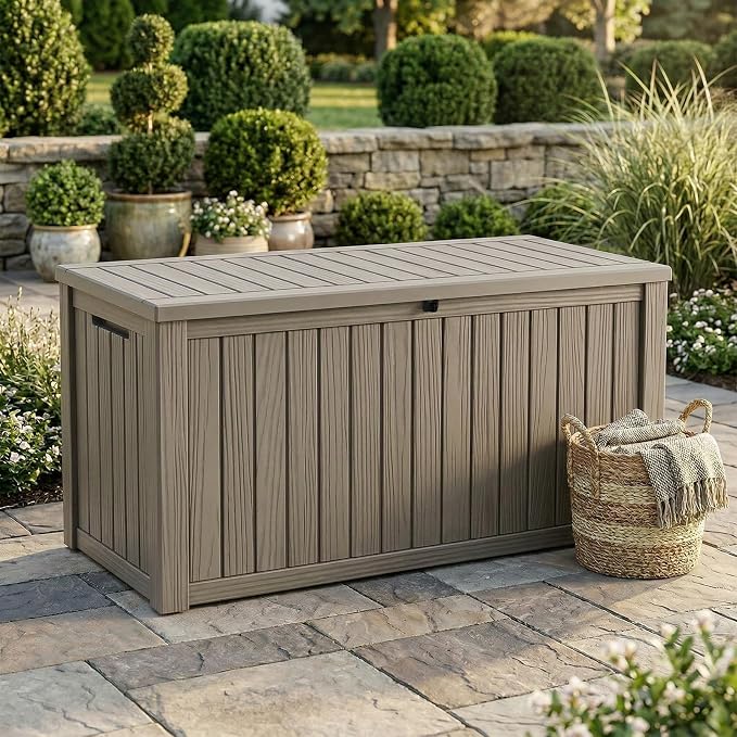 190 Gallon Large Outdoor Storage Box Waterproof, UV Resistant Resin Deck Box with Hydraulic Rod & Lockable Latch for Patio Furniture, Outside Storage Box for Garden Tools, Patio Cushions, Gray