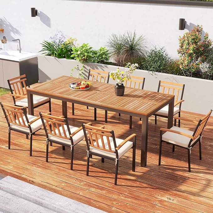 RELAX4LIFE Patio Outdoor Dining Table for 8, 79’’ x 35.5’’ Acacia Wood Rectangular Table w/Slatted Top, Umbrella Hole & Metal Legs, Indoor Outdoor Picnic Bistro Table, 8-Person Patio Dining Table