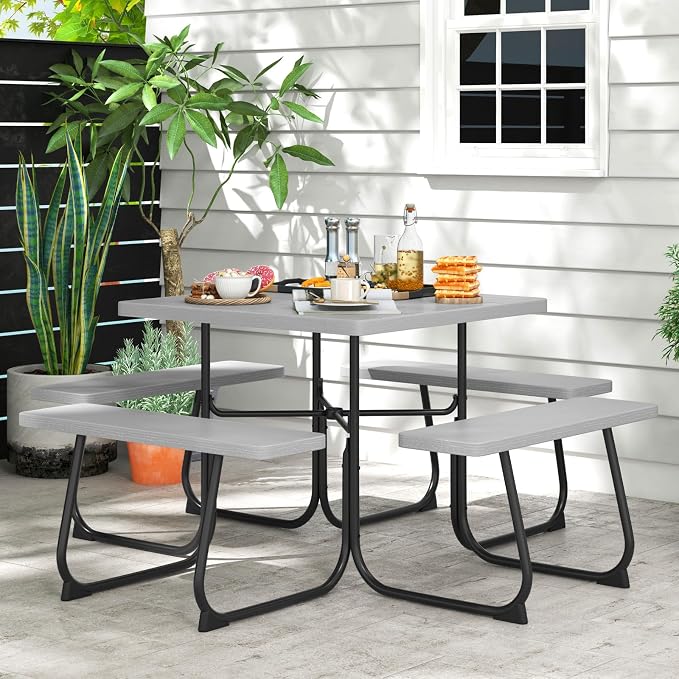 Square Picnic Table for 8 Person, Outside Table Bench Set w/ 4 Built-in Benches, Umbrella Hole, HDPE Top & Metal Frame, 2000LBS Capacity Outdoor Picnic Table for Garden, Porch, Patio (Grey)