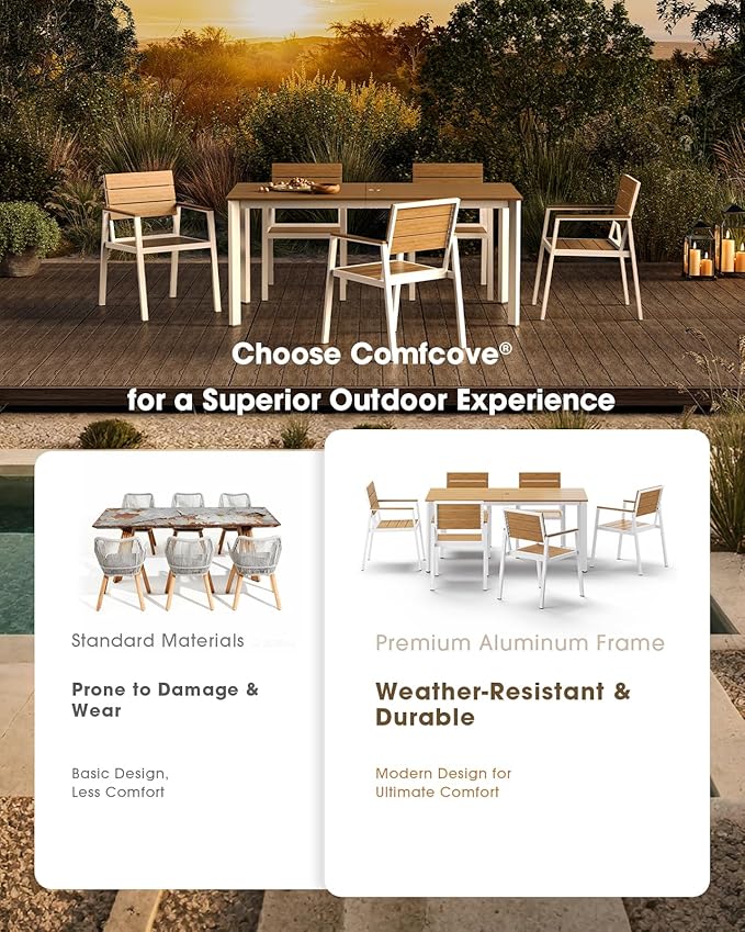 Outdoor Dining Table, Aluminum Patio HDPS Outdooor Table with Umbrella Hole, All Weather Patio Furniture Set, Patio Dining Table (White & Teak)