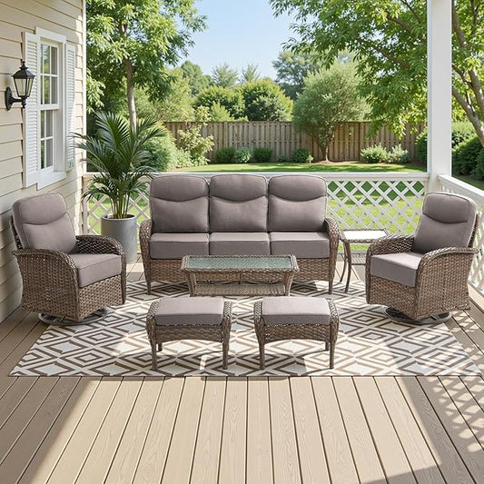 High Back Luxury Patio Furniture Set with 6-inch Thick Cushion, Swivel Rocker Patio Chairs with Outdoor Couch, 7 Piece Wicker Conversation Set for Deck Yard Garden Balcony Gray
