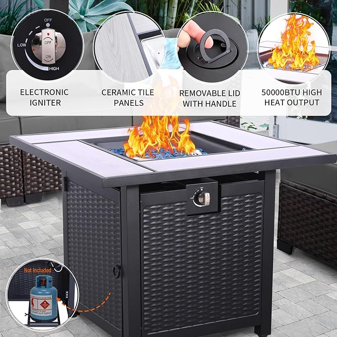 WAROOM Outdoor Patio Furniture Set 7 Pieces Wicker Sectional Sofa Brown Rattan Conversation Couch with Square Gas Fire Pit Table, Anti-Slip Thick Grey Cushion