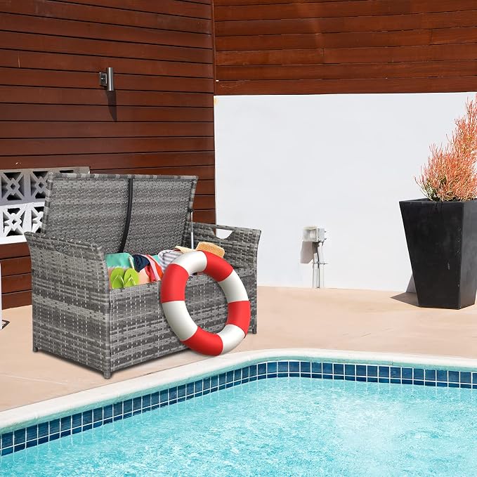 Outvita Outdoor Storage Box, Patio Rattan Storage Bench with Cushion for Backyard, Balcony, Poolside, Garden (Gray)