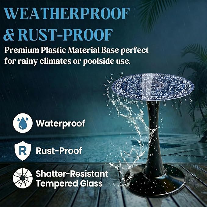 Gesodant 13.4" Outdoor Side Table, Round Patio Bistro Table with Boho Tempered Glass Top, Waterproof Rust-Proof Base, Small Plant Stand for Balcony, Garden, Deck, 21.6" H (Blue Maze)