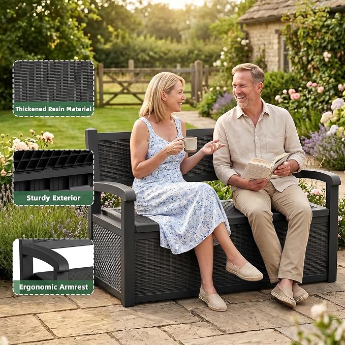 80 Gallon Outdoor Storage Bench Waterproof Resin Lockable UV Resistant Deck Box Benches Furniture Outside Porch Patio Pool Garden Tool Cushion Black
