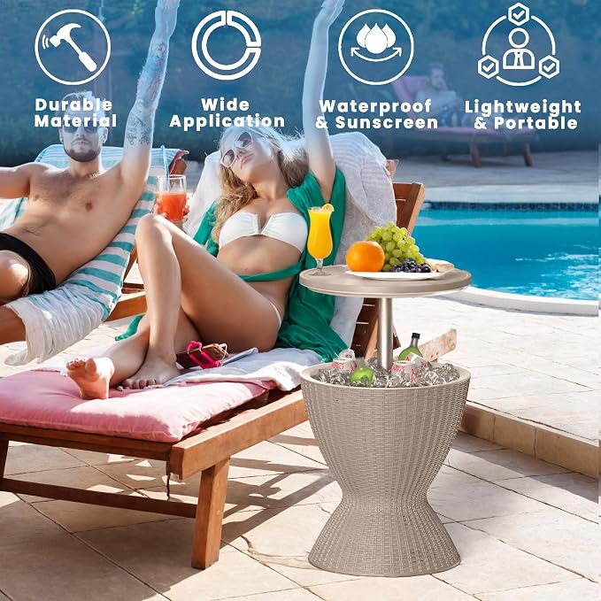 3-in-1 Outdoor Cocktail Table w/Built-in 8Gal Wine Cooler & All-Weather Ice Bucket - Adjustable Patio Bar Height Cooler Table for Poolside, Backyard, Outdoor Bar, Party & Picnic