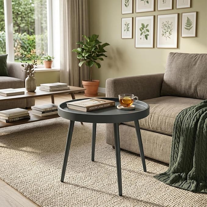 Small Outdoor Side Table - Round Metal End Table with PP Desktop & Anti-Fall Fence - Mini Coffee Table for Small Spaces - Versatile Outdoor End Table for Patio, Couch, Bedside - Gray