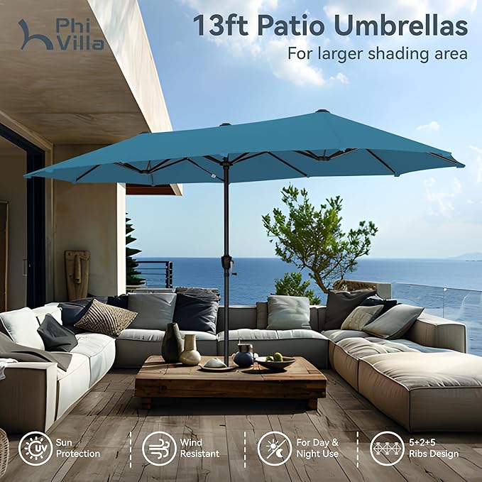 PHI VILLA 13ft Large Patio Umbrellas, Double-Sided Outdoor Market Rectangle Umbrella for Outside, Cyan