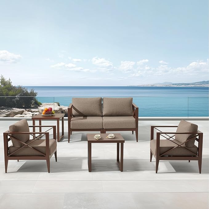 MBY Outdoor Aluminum Patio Furniture Set, 4-Seats Patio Conversation Sofa Set with 2 Coffee Table, All Weather for Pool, Balcony, Garden-Brown