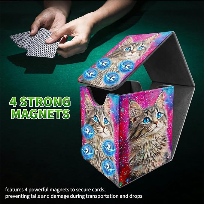 Deck Box for MTG, Cards Storage Box Fits 120+ Sleeved, Leather Medium Size Strong Magnetic Closing Card Case for Board Games Magic TCG CCG Baseball Collection, Cute Blue Eyed Cat