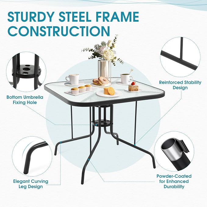 Patio Dining Table for 4 with Umbrella Hole, Outdoor 5 Piece Dining Set 36" x 36", Black, for Garden Backyard Poolside Front Proch Outside