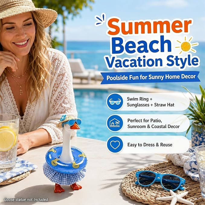 4 Sets Seasonal Small Desk Goose Outfit with DIY Wing, Costume Accessories for 7 Inch Mini Porch Goose, Elegant/Birthday/Farm/Summer Beach Themed Dress Hat Sunglasses Bag Swim Ring, Dress-Up Decor Set