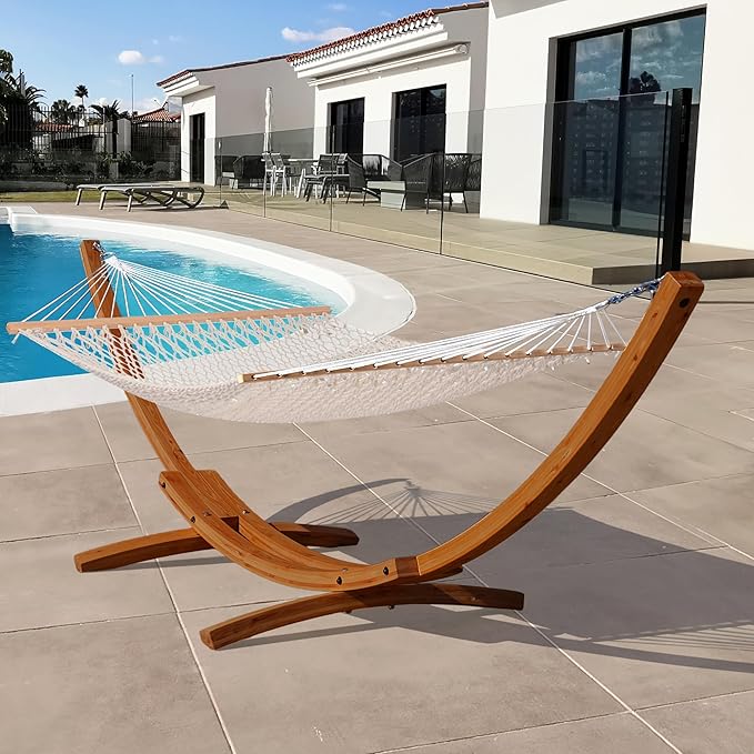 Lazy Daze Hammocks 12 FT Double Rope Hammock and 13 FT Brown Wooden Arc Stand, 2 Person Hand Woven Cotton Hammock with Spreader Bar for Outdoor Patio Poolside, 450 lbs Capacity, Natural