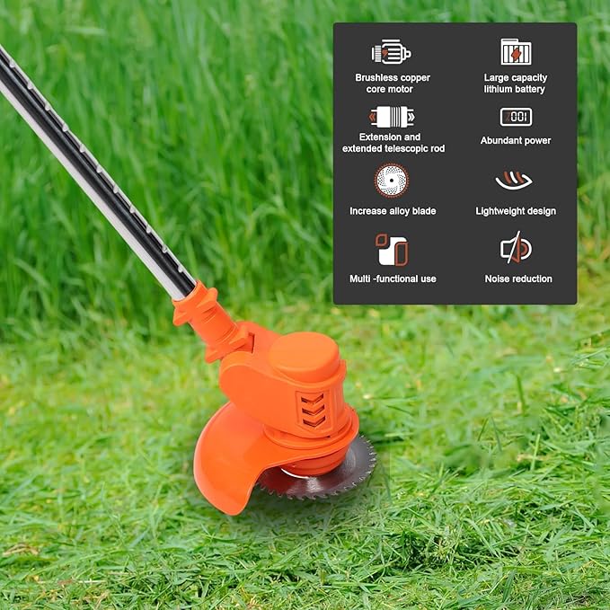 Cordless Lawn Mower, Battery Powered Grass Trimmer with Adjustable Telescopic Handle, Electric Weed Eater, Lightweight String Trimmer for Small Yards, Portable Lawn Mower for Women, Elderly