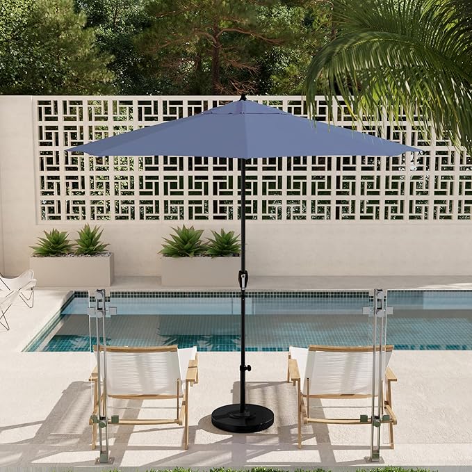 California Umbrella 12-Year Protection 9' Rd Aluminum Patio Umbrella, Crank Lift, Auto Tilt, Black Finish, Sunbrella Air Blue