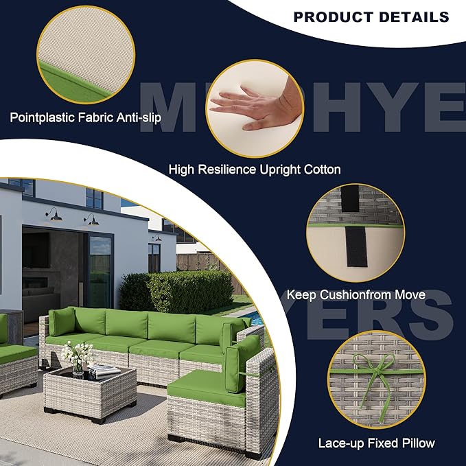 7-Piece Outdoor Patio Furniture Set, PE Wicker Rattan Sectional Sofa Conversation Set with Tempered Glass Table & Thick Cushions - All-Weather Garden, Backyard Furniture, Avocado Green