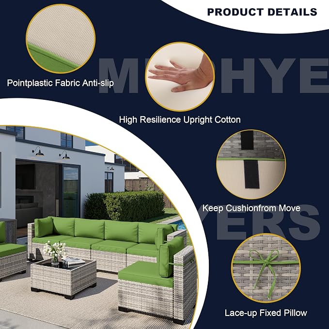 13-Piece Outdoor Patio Furniture Set with Rocking Swivel Chair, Wicker Rattan Sectional Sofa Conversation Set with 55,000 BTU Fire Pit Table with Ottomans, Backyard Furniture, Avocado Green