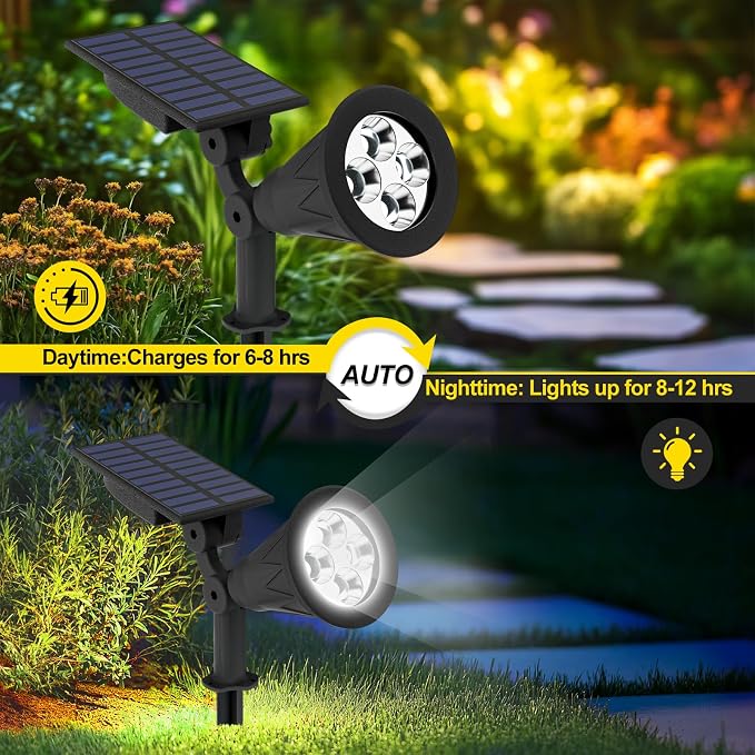 T-SUN Solar Spot Lights Outdoor Waterproof,Solar Landscape Spotlights,4Pack | Cool White, 4 LEDs, 2 Lighting Modes, IP65 Waterproof Dusk to Dawn Solar Lights for Tree, Patio, Yard, Garden, Driveway