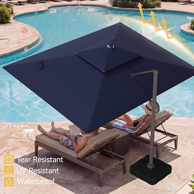 9x12 FT Patio Umbrella with base, Large Cantilever Rectangular Double Top Heavy Duty Offset Umbrellas with 360° Rotation, Outdoor shade for Garden Deck Pool, Navy