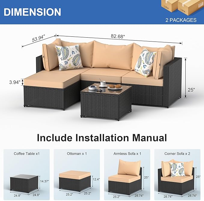 Patio Furniture Set, 5PCS Patio Sectional with Ottoman Wicker Rattan Outdoor Furniture with Thickened Cushion Modular Wicker Patio Conversation Set with Glass Top Table for Balcony, Backyard (Khaki)